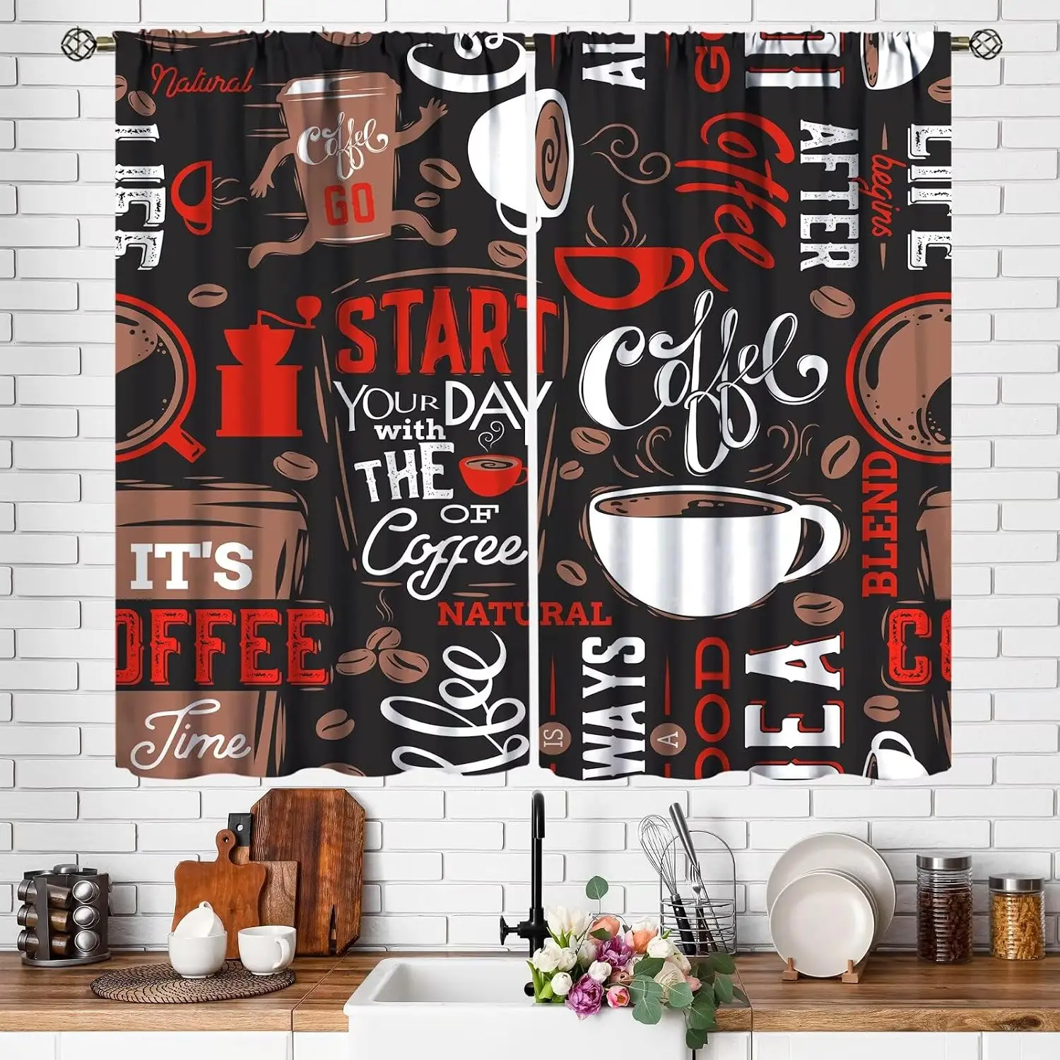 Black Background Coffee Letter Curtains, Red White Coffee Mug Grinder Inspirational Slogan Window Drapes for Cafe Kitchen Decor