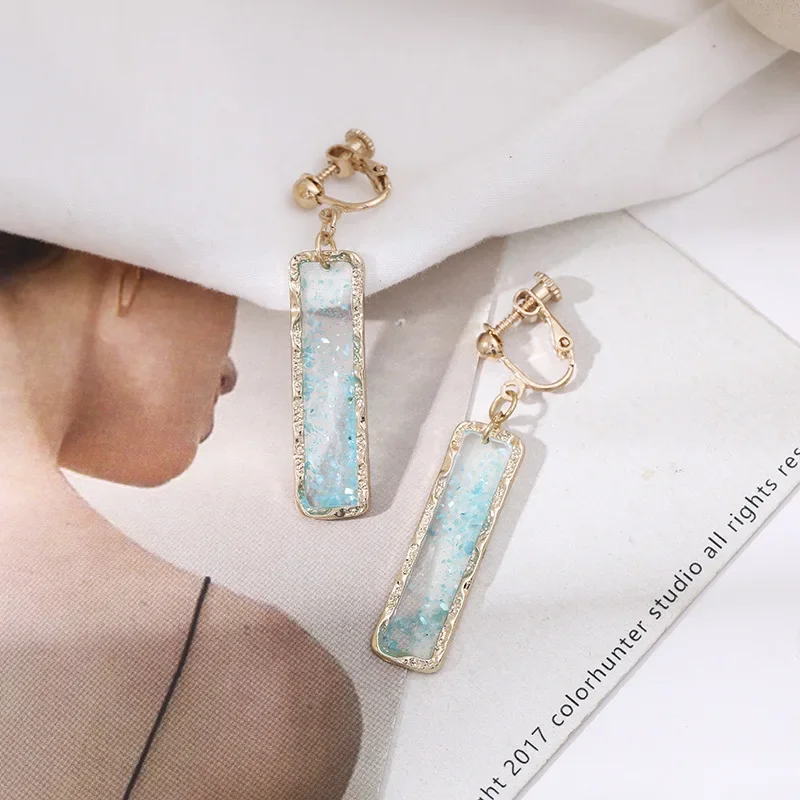Retro Geometric Retangle Ear Clips Without Pierced Women Korean Temperament Transparent Shell Square Long Clip Earrings No Hole