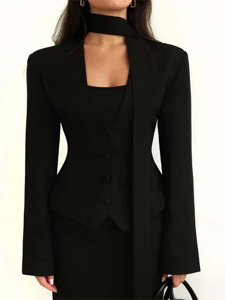 

Elegant Cinched Waist Scarf Collar Jacket Women Chic Single Breasted V-neck Solid Full Sleeve Blazer Suit New Lady Office Outfit