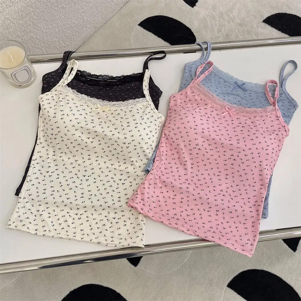 Women Padded Tank Tops Sling Printing Lace Trim Bow Decor Camisole Sexy Backless Crop Tops Slim Fit Stretchy Tops Streetwear