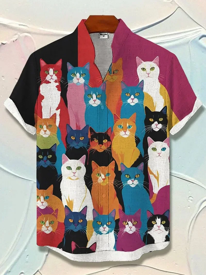 Korea Hot Viral Black Cat Cherry Blossom Oil Painting Hawaiian Shirt, Loose Daily Beach Shirt