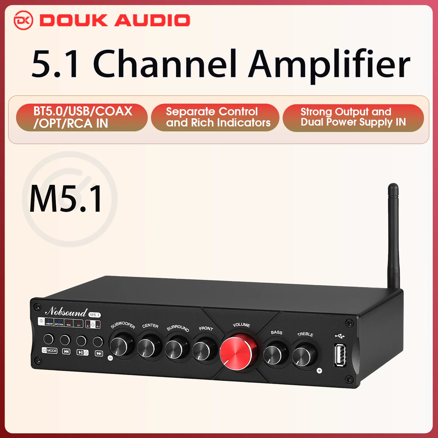 Douk Audio 5.1 Channel Digital Amplifier HiFi Bluetooth 5.0 Receiver USB/COAX/OPT Home Theater Power Amp with Subwoofer LDAC