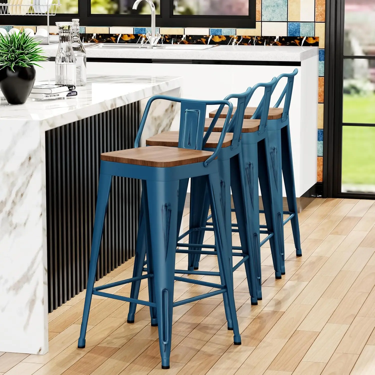 24" Metal Bar Stools Set of 4 Counter Height Barstools, Industrial Counter Stool Kitchen Bar Chairs with Modern Wooden Seat, Dis view 3