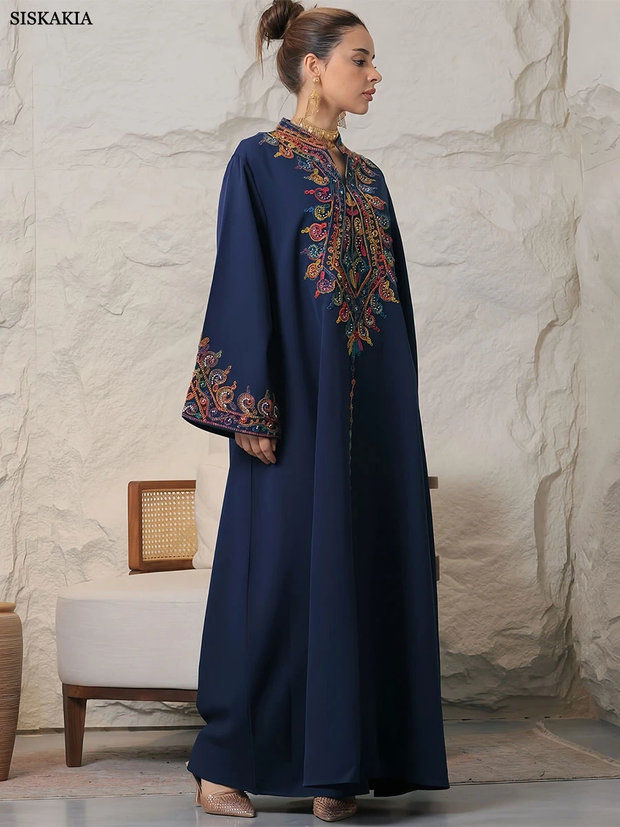 Siskakia Embroidery V-Neck Long Dress Dubai Arab Abaya For Muslim Woman Loose Moroccan Saudi Ethnic Jalabiya Fashion Robe 2024