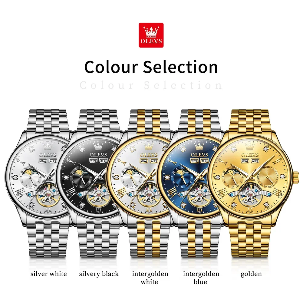 OLEVS 7023 orologi da uomo Luxury Moon phase impermeabile orologio meccanico automatico originale per uomo orologio da uomo con datario in acciaio inossidabile