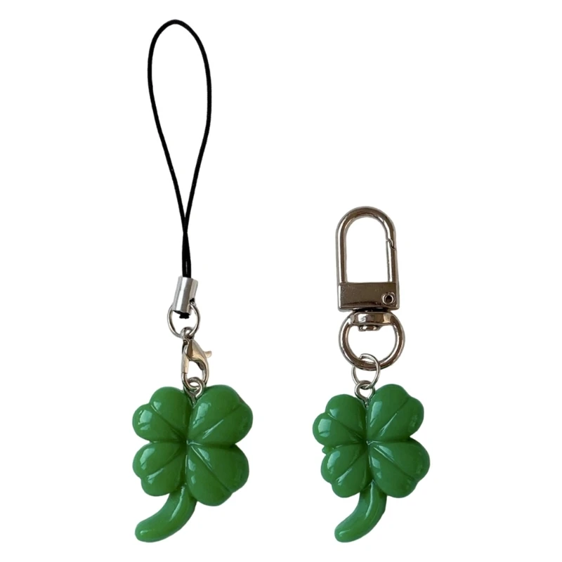 S1Y1 Green Four Leaf Grass Phone Charm Straps Car Key Hangings Pendants Fashion Bag Decoration Lanyard Purse Accessories