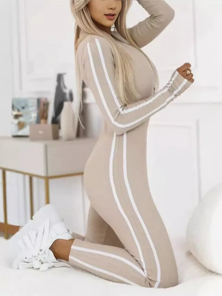 Autumn Winter Temperament Commuting Jumpsuit Pants Women's Slim Sexy Striped Half-zipper Mid-waist Long-sleeved Jumpsuit Pants