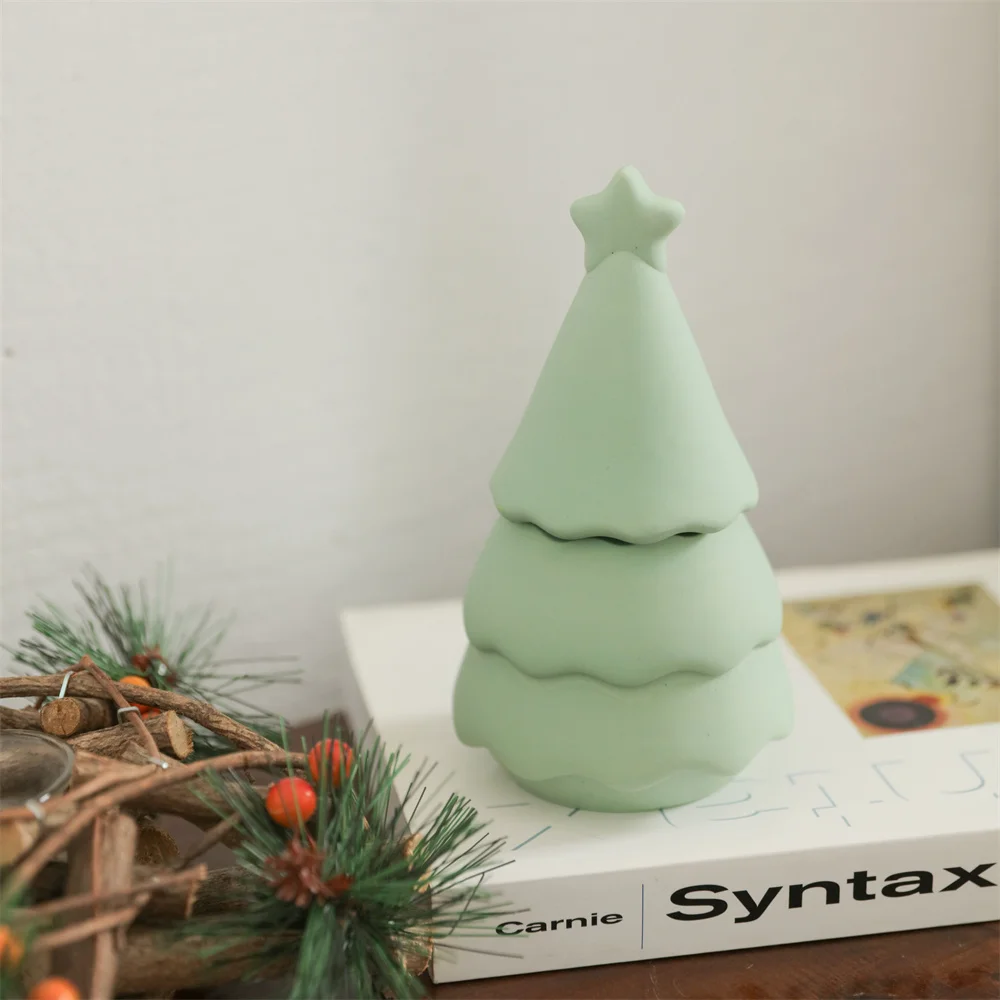 Christmas Tree Candle Jar Concrete Silicone Mould with Lid  Candle Vesssel Mould for Cement and Jesmonit DIY Christmas Gift Tool