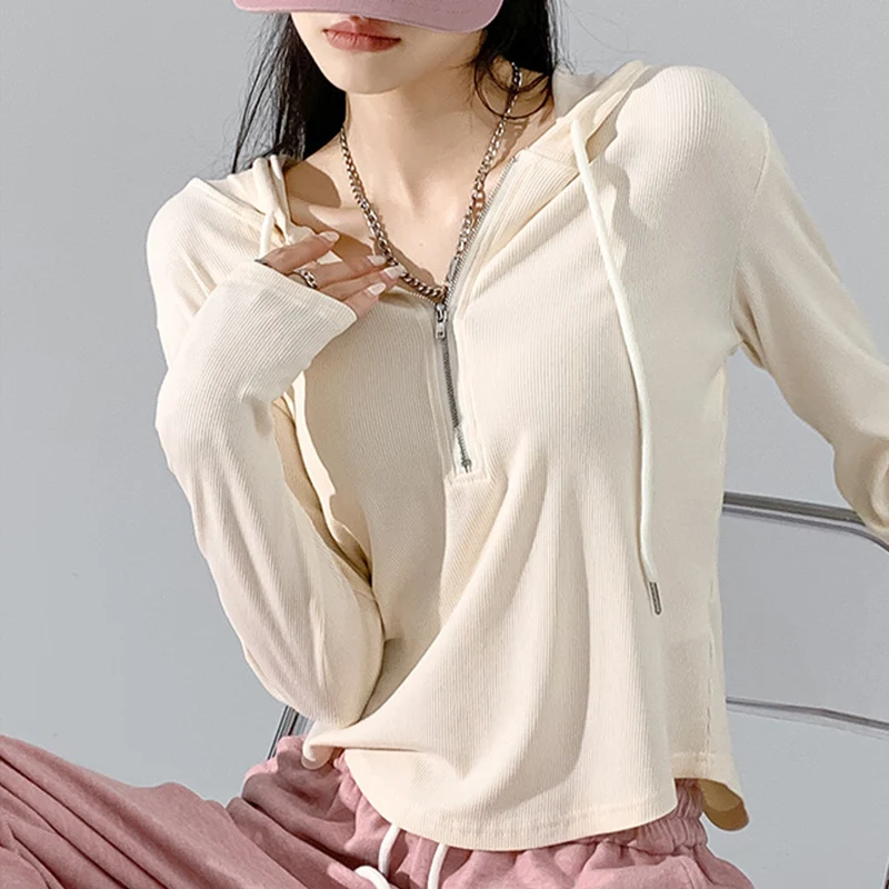 

Women Solid Color Hooded Long Sleeve T-Shirt Fashion Zipper Drawstring Pullover Tops Loose Lightweigh Casual Fitness Sporty Tops