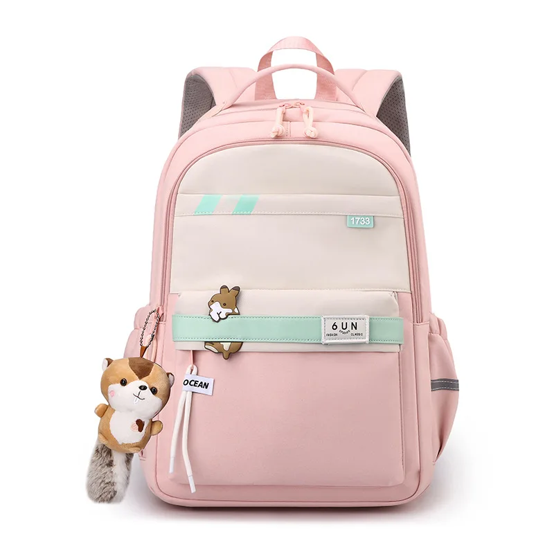 Cute Squirrel Girl school bag with pendant for teenage girls High school waterproof backpack schoolbag suitable for grades 3-6