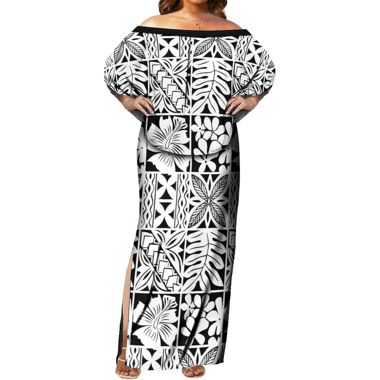 Women'S Off-The-Shoulder Dress Two-Piece Polynesian Island Design Couple Set With Men'S Pocket Shirt 