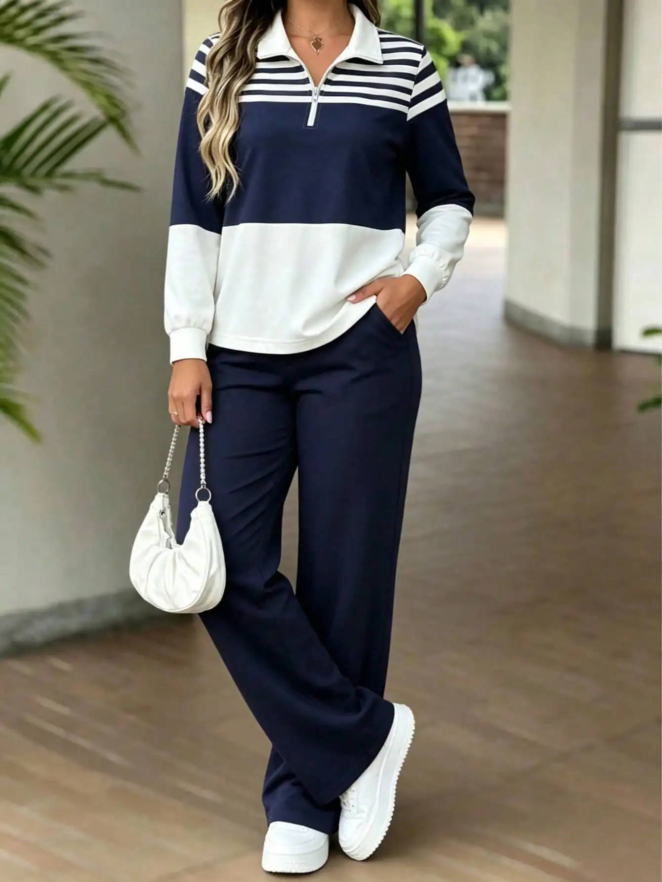 Women's Two-Piece Outfit Set, Striped Color-Block Half-Zip Polo Long-Sleeve Top + Wide-Leg Pants, Casual Matching Set, Suitable for Multiple Occasions, Daily Wear, Home, Office, Street Style, Travel, Commuting, Sportswear