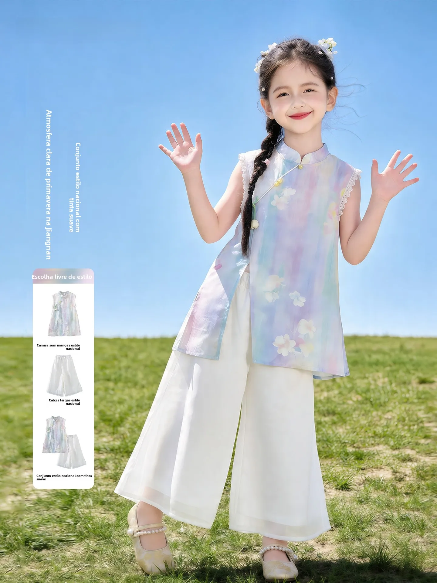 girls'-traditional-chinese-style-two-piece-outfit-summer-breathable-lyocell-halflength-dress-for-ages-5-14