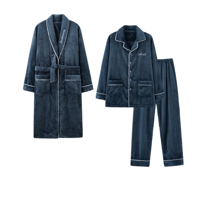 Winter New Thickened Coral Velvet Men Pajamas Flannel Bathrobe Mid Length Home Wear Keep Warm Men Three-piece Night-robe