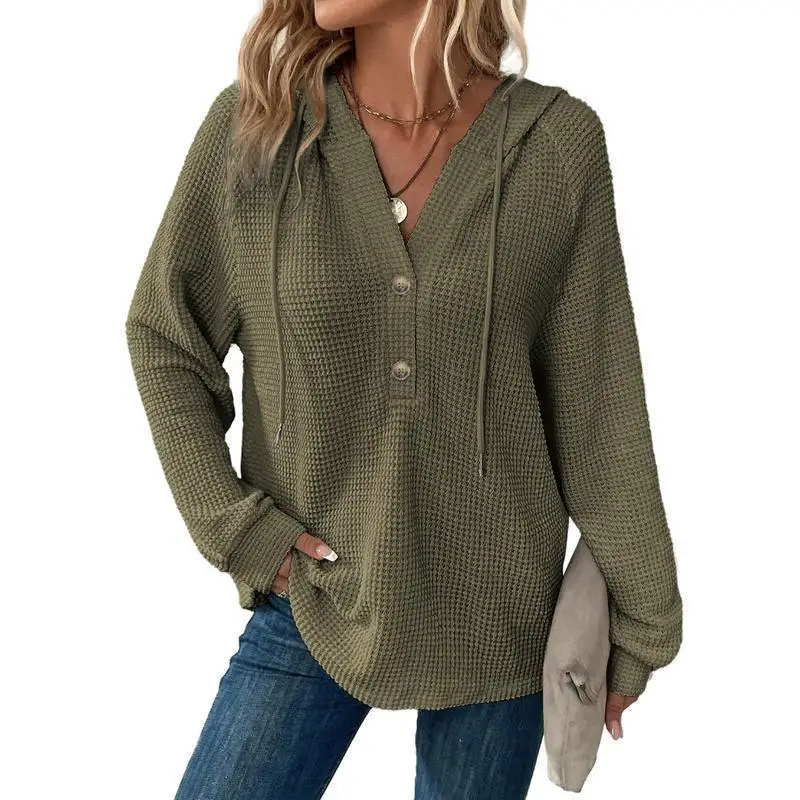 Women's Long Sleeve V Neck Waffle Knit Sweater Drawstring Button Detail Summer Fashion Ladies' Knitwear 2025 Summer Collection