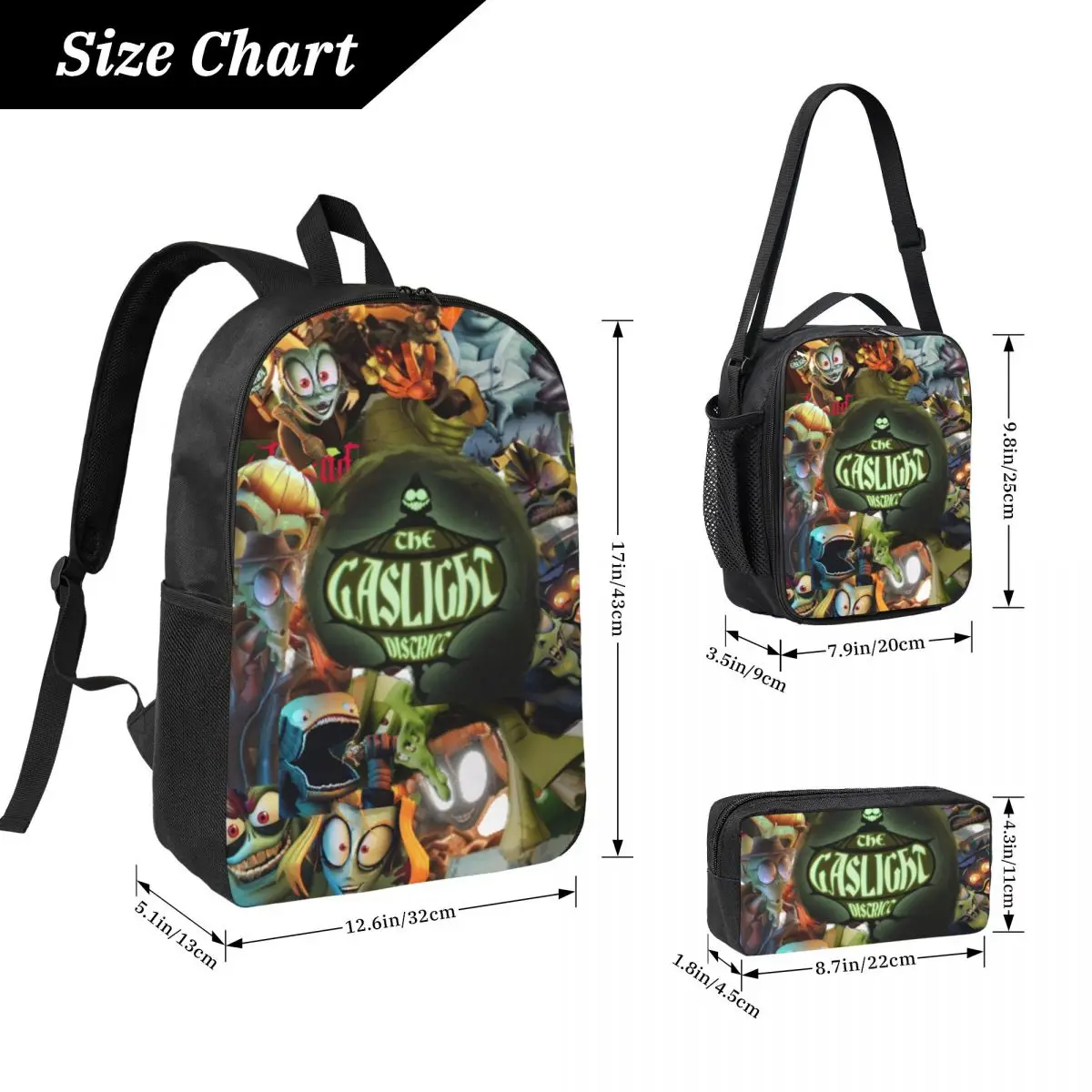 3Pcs The Gaslight District Backpack Set for Girls Boys Pen Bags Bookbag Sets with Lunch Box For School Students Knapsack