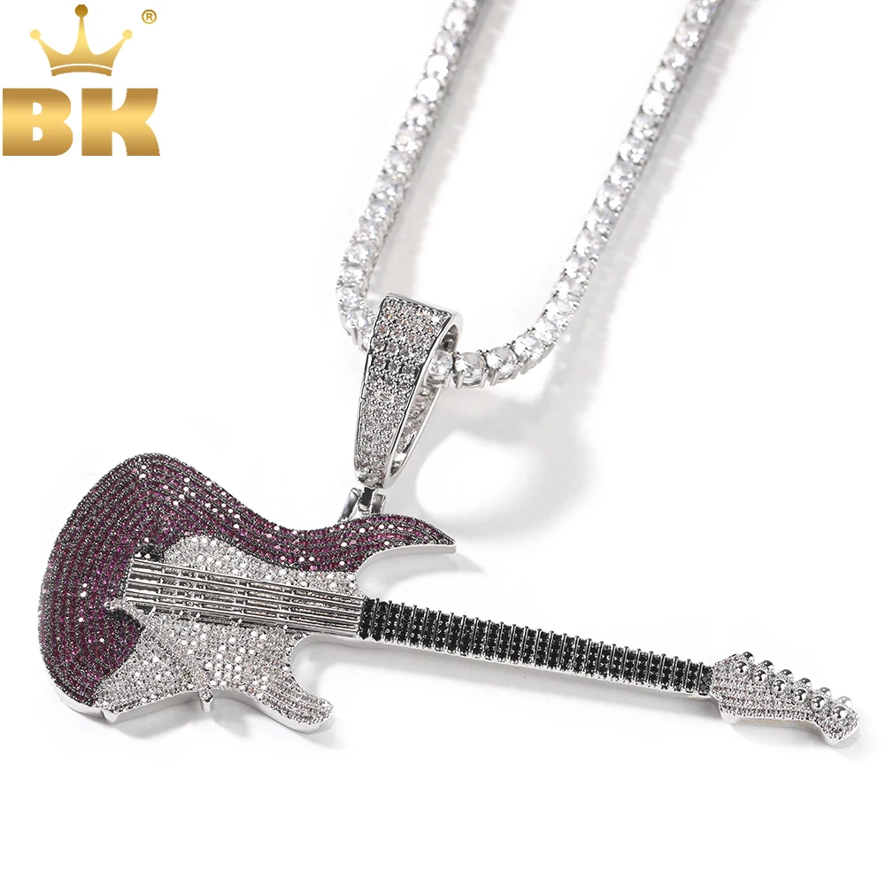 THE BLING KING Rock Music Guitar Pendant Necklace Micro Paved Out Cubic Zirconia Luxury Hiphop Punk Jewelry For Men