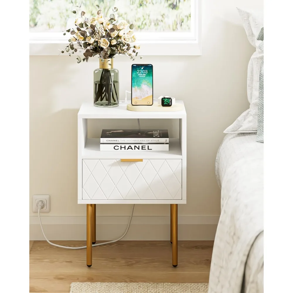 

Nightstand with Charging Station,Small Bedside Table with Gold Frame,White Night Stand,Bedside Furniture,Side Table with Drawer