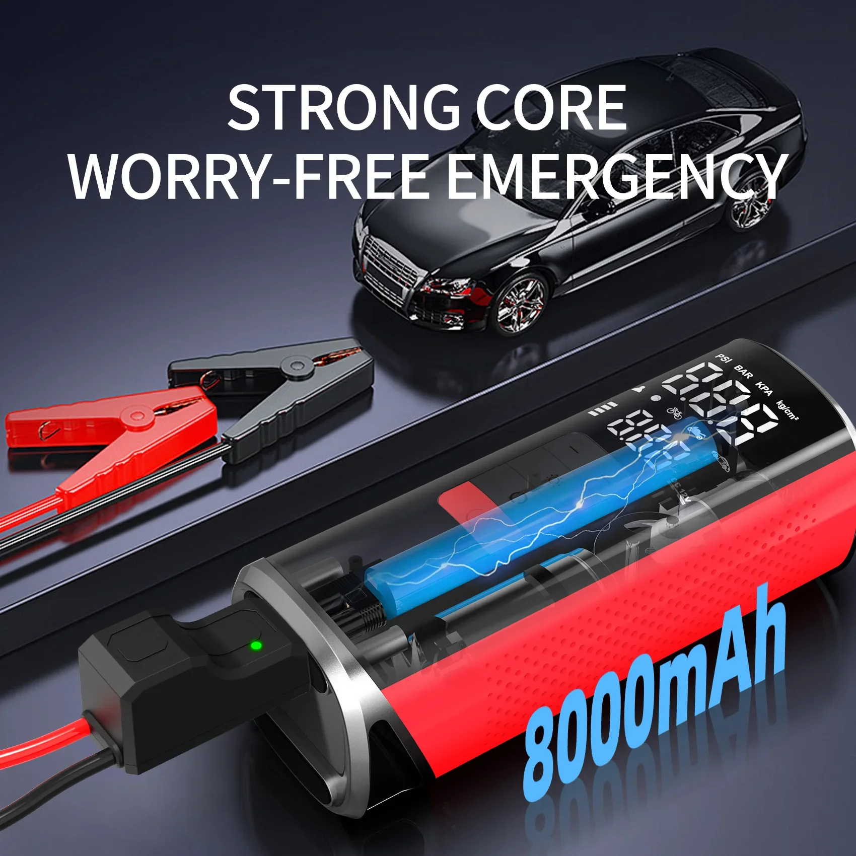 8000mAh Strong Core 2 in 1 Car Jump Starter Tire Inflator 12V Auto Dead Battery Booster Digital Emergency Air Pump Rescue Tool