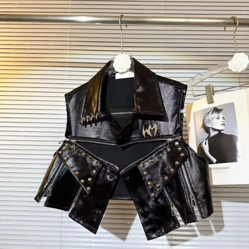 Original Design Dark Punk Style Sweet Cool Women's Short Jacket 2025 Autumn New Rivet Multi-Zipper PU Leather Waistcoat Ladies