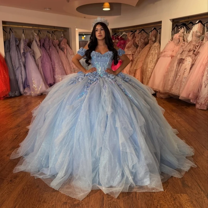 

Sky Blue Shiny Ball Gown Quinceanera Dresses Applique Flower Beading Crystal Tull Corset Off The Shoulder Sweet 16 Dress vestido