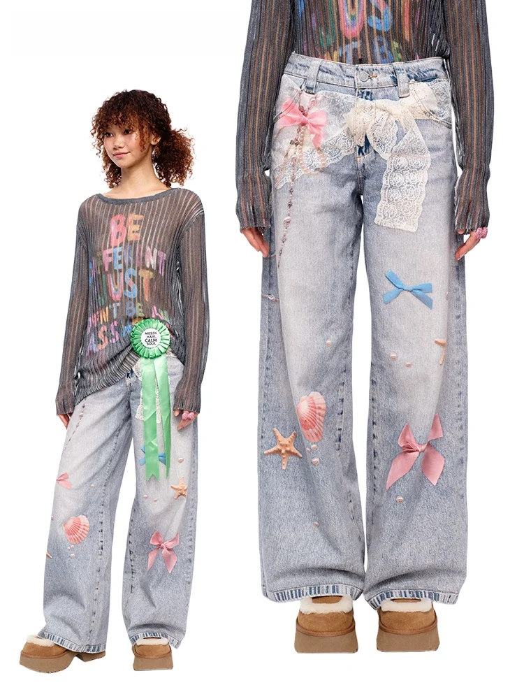

MOF Girl Graffiti Distressed Denim Long Pants Blue Lace Knot Print Straight Leg Micro Flare Pants Cute Style ...