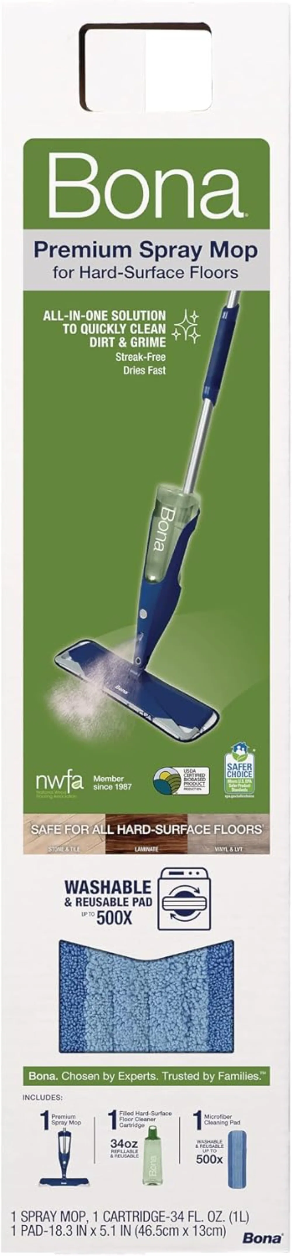 Multi-Surface Floor Spray Mop with Cleaning Solution & Washable Microfiber Pad - for Stone, Tile, Laminate, Vinyl