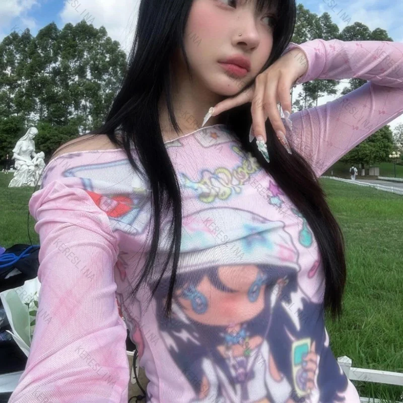 Nuova subcultura millenaria hot girls Y2k Top vintage a maniche lunghe in stile high street fashion, versatile e alla moda