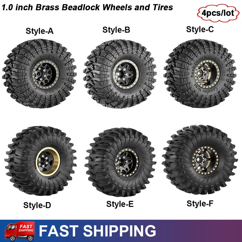 4pcs 1.0 inch Brass RC Crawler Wheels and Tires Set for 1/18 TRX4M SCX24 FMS Ascent-18 Axial SCX24 AX24 FCX24 Upgrade Parts