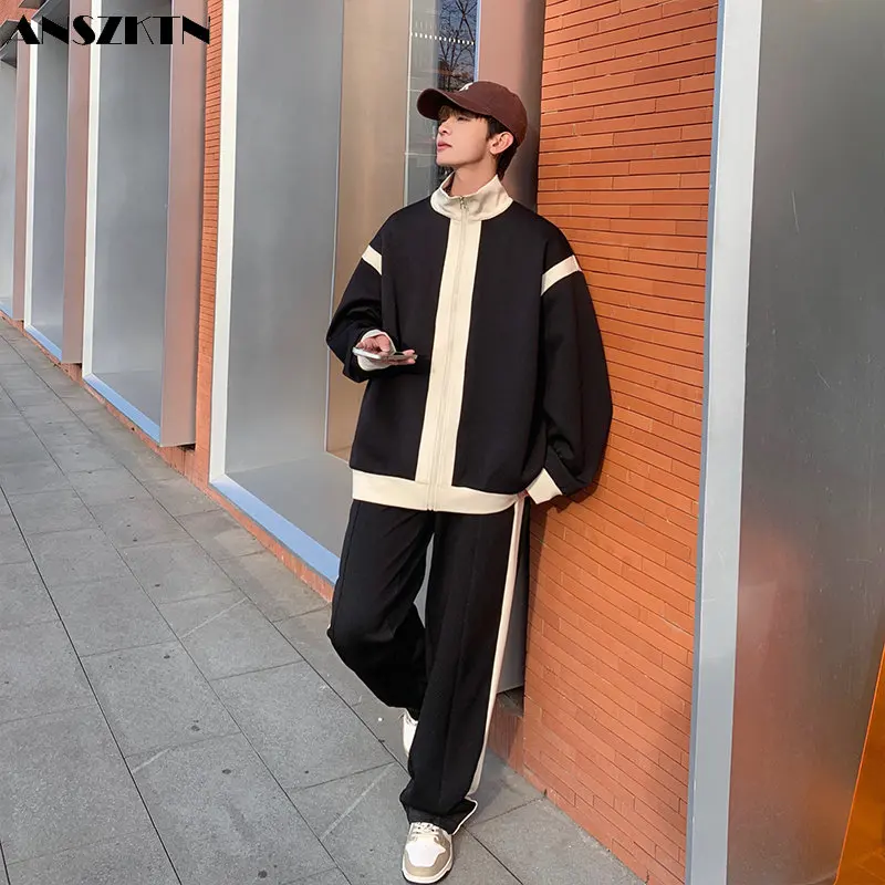 ANSZKTN Spring men's large size color matching jacket coat casual pants two-piece cardigan suit