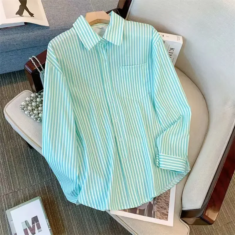 

Women Shirts Blouse Green Striped Oversize Button-up Turn-down Collar Long Sleeve Blouse Ladies Tops Spring Autumn Outfit 2025