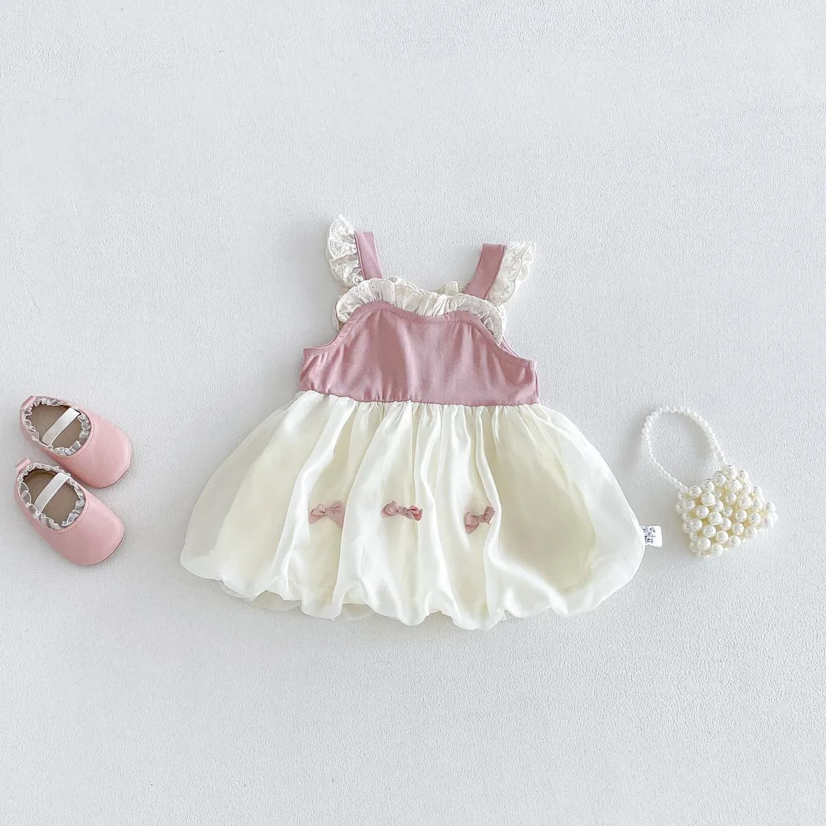 New Arrival Baby Girl Summer Lace Trim Suspender Dress, Sweet Mesh Splicing Ruffle Hem Overall Romper for Newborn Infant