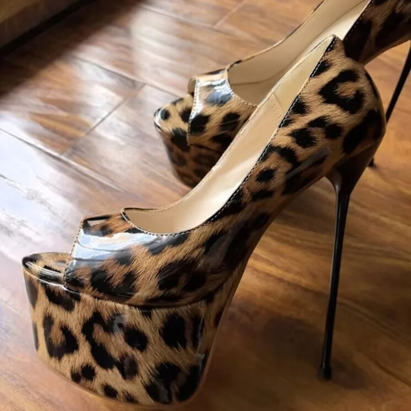 Stiletto High Heels 16CM Women Peep Toe Pumps Leopard Red Patent Leather Slip On Platform Banquet Dress Shoes Big Size 46