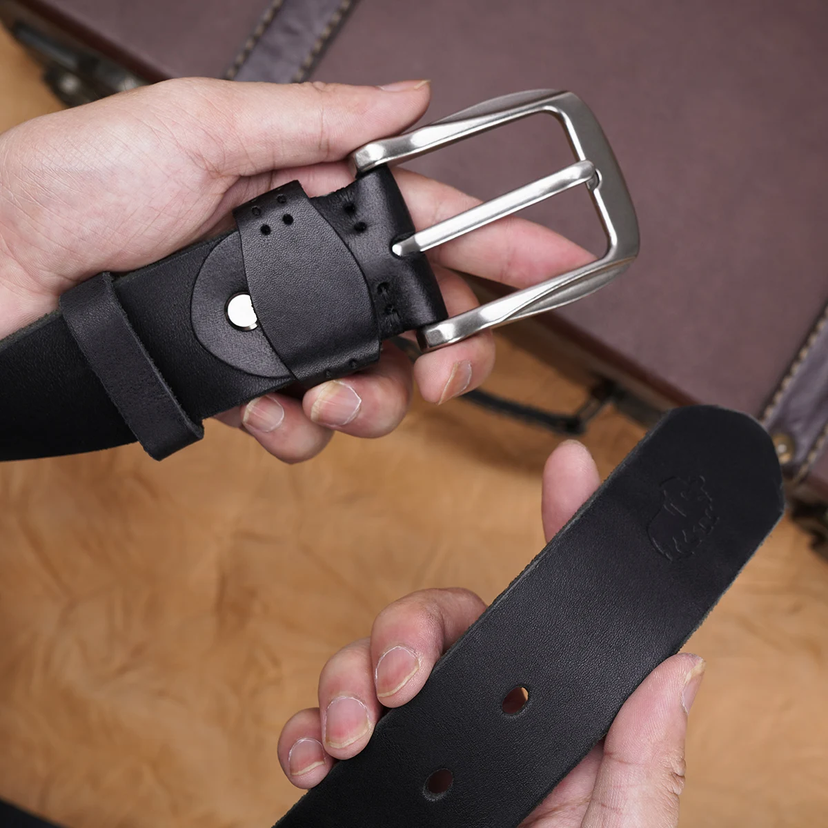 بيسون الدنيم خمر جلد أصلي للرجال حزام جودة عالية فاخرة مصمم دبوس مشبك حزام الخصر للجينز #5