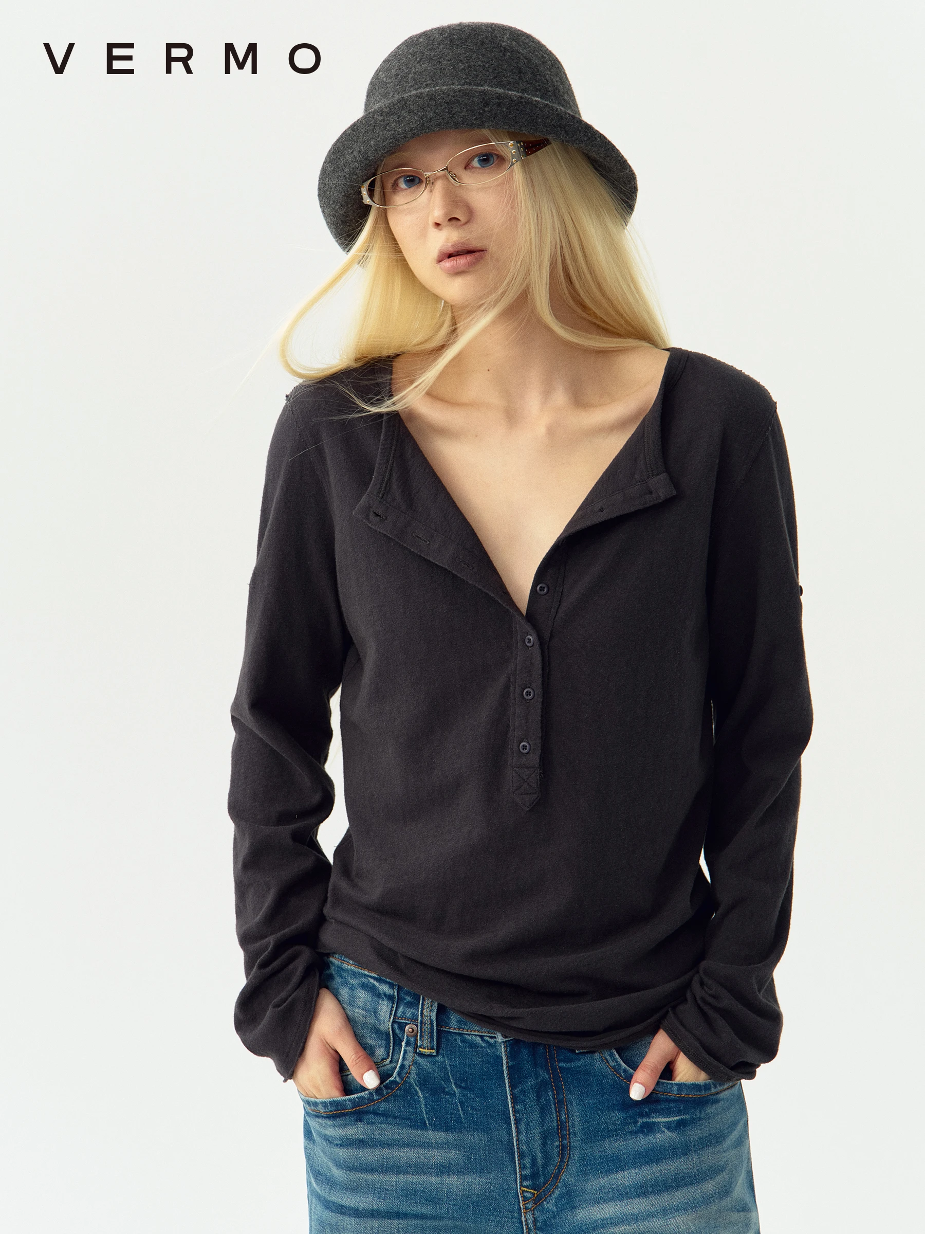 VERMO Vintage Washed Cotton Long Sleeve T-Shirt Adjustable Cuff Button-Up Half Collar Loose Fit Women's Top Chinese Production