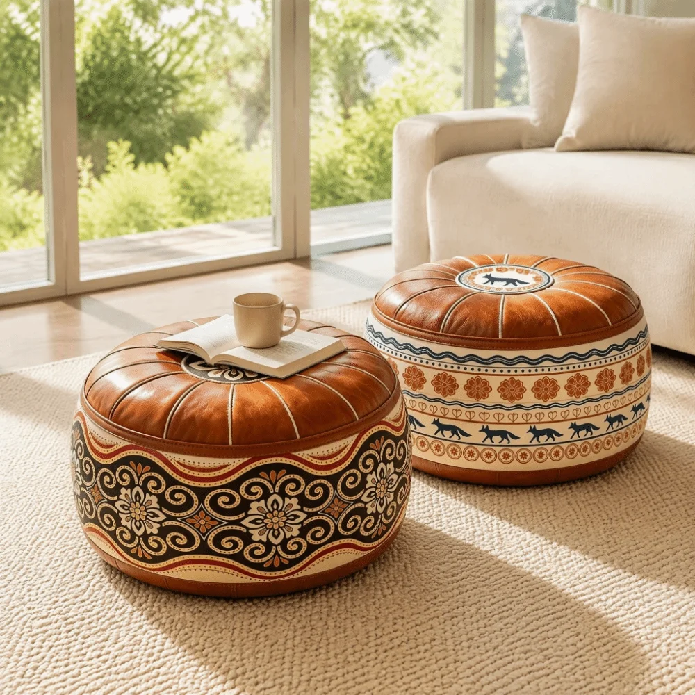 PU Leather Round Sofa Stool Cover Space-Saving Waterproof Seat Cushion Cover Vintage Unfilled Tatami Sitting Mat Living Room