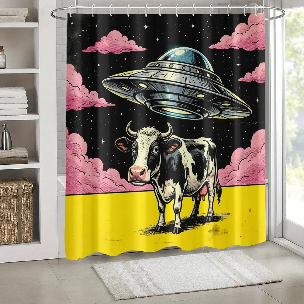 Funny Cow UFO Sci Fi Bathroom Shower Curtain Retro Space Alien Farm Animal Shower Curtain