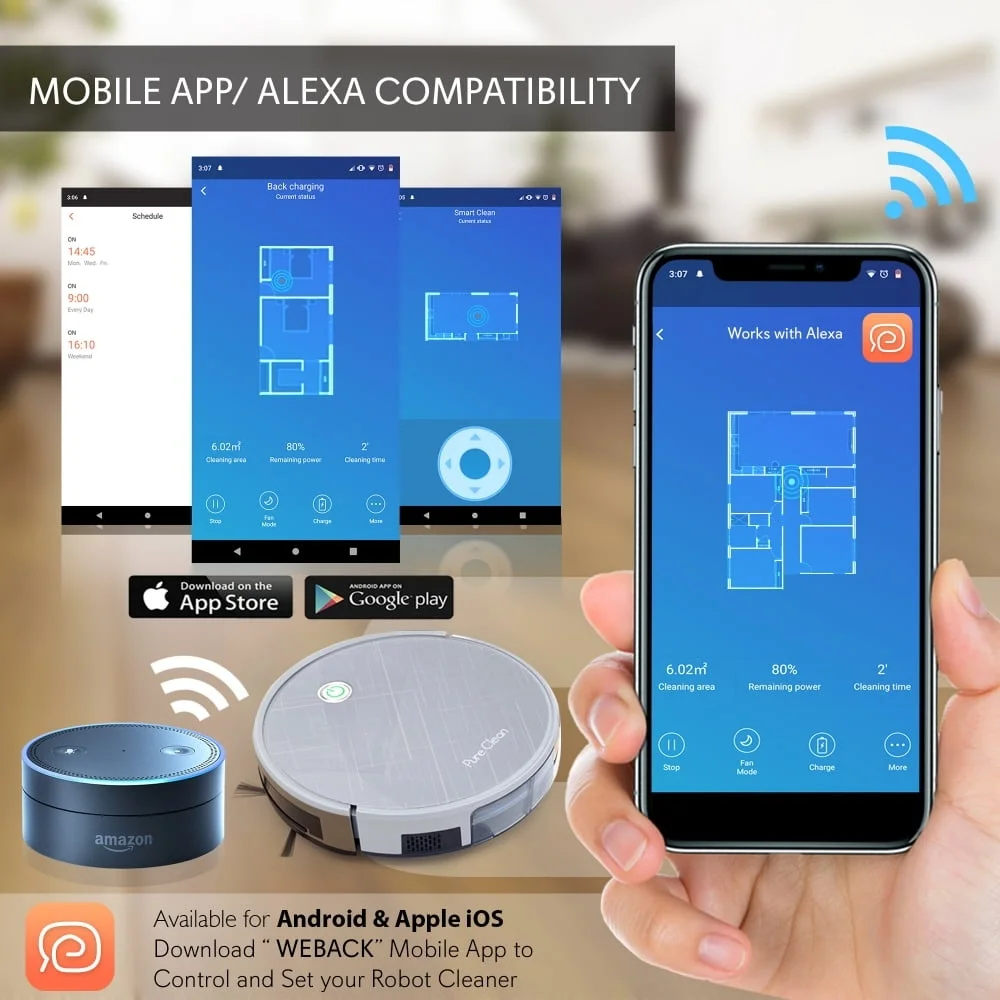 Smart Robot Vacuum Cleaner Gyroscope Navigation Mobile App Control Low Profile Design HEPA Filter Pet Friendly Anti-Collision