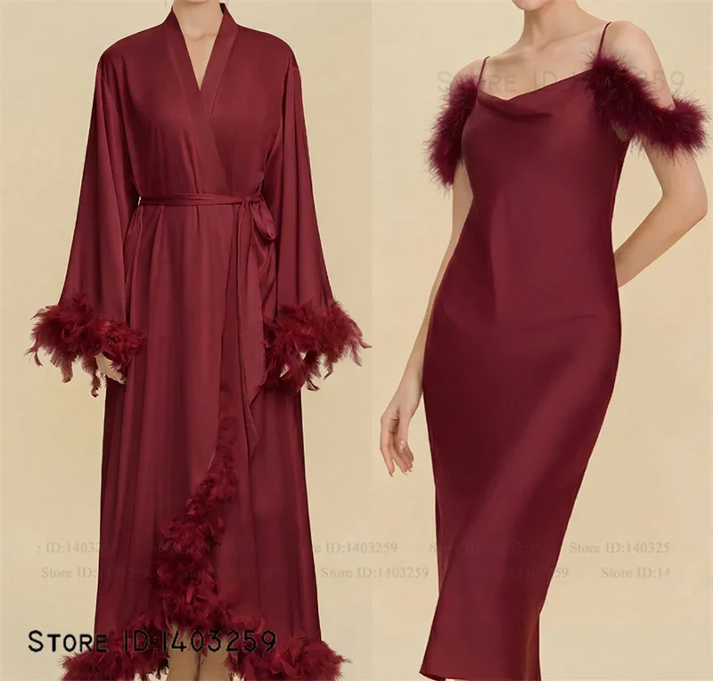 

Fashion Black Ice Silk Long Robe Nightgown Set Spring Summer New Sleepwear Bathrobe with Feather Cuffs Loose Homewear Lingerie