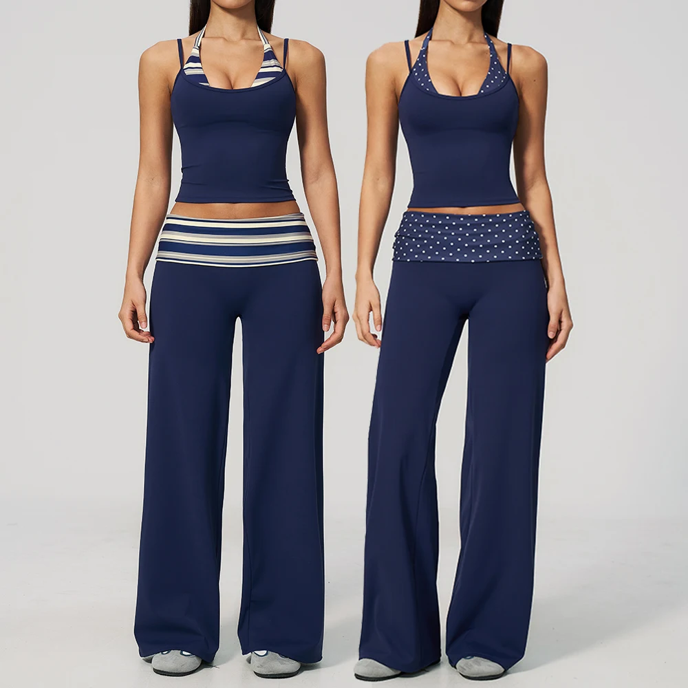 2PCS Yoga Set Women Tracksuit Polka Dot Athletic Wear Striped Workout Set Push Up Gym Outfits High Waist Butt Lift Yoga Clothes