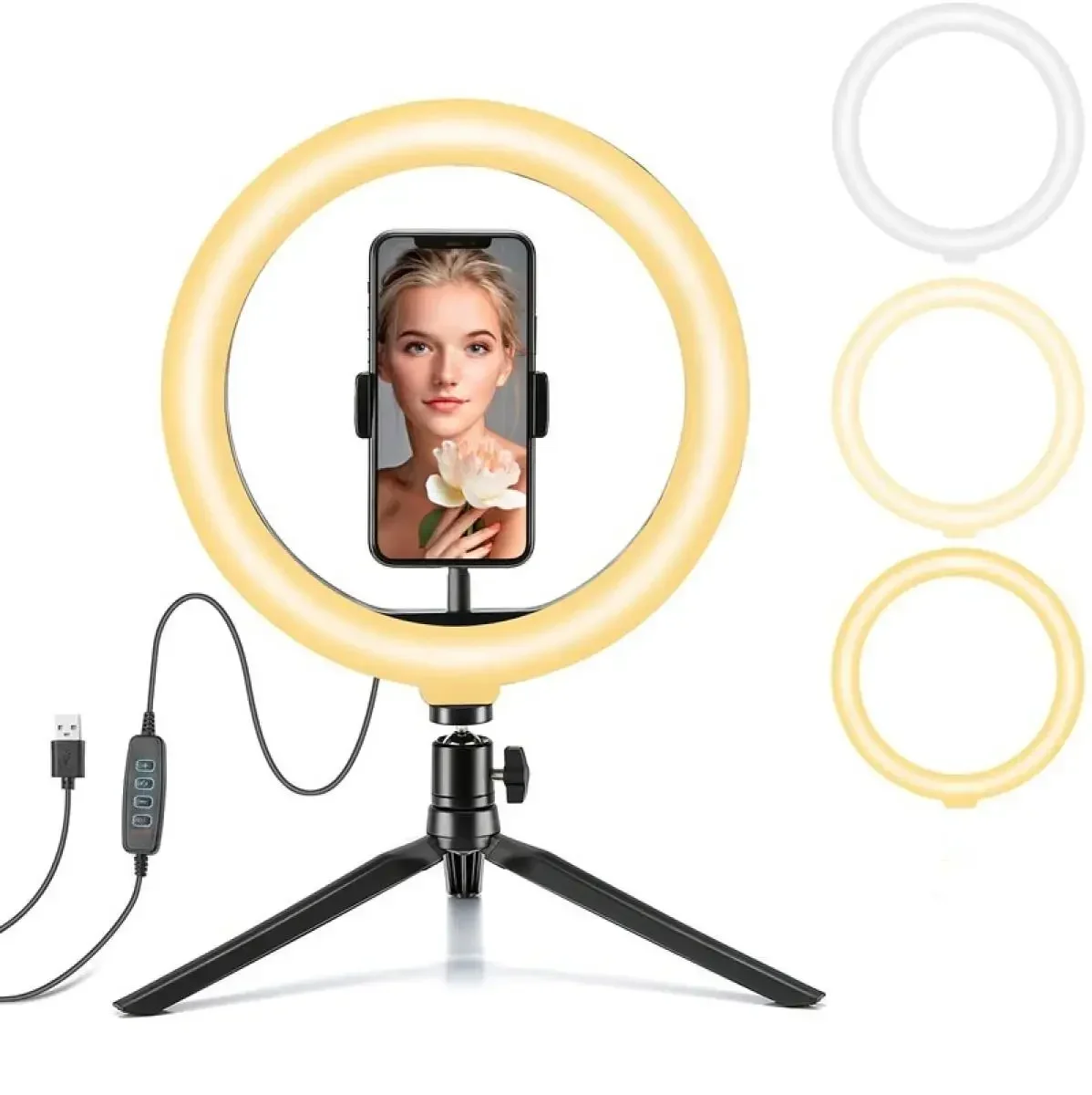 Aro de Luz LED para Selfies de 26cm (10 Pulgadas), Regulable, Kit de Iluminación para Fotografía, Lámpara con Carga USB y Trípode para Video en Vivo, 120 Perlas LED