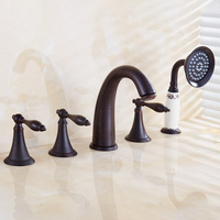 Oil Rubbed Bronze Three Handles Bathroom Bathtub Faucet 5 Holes Deck Mounted Hot and Cold Water Mixer Basin Tap with Hand Shower