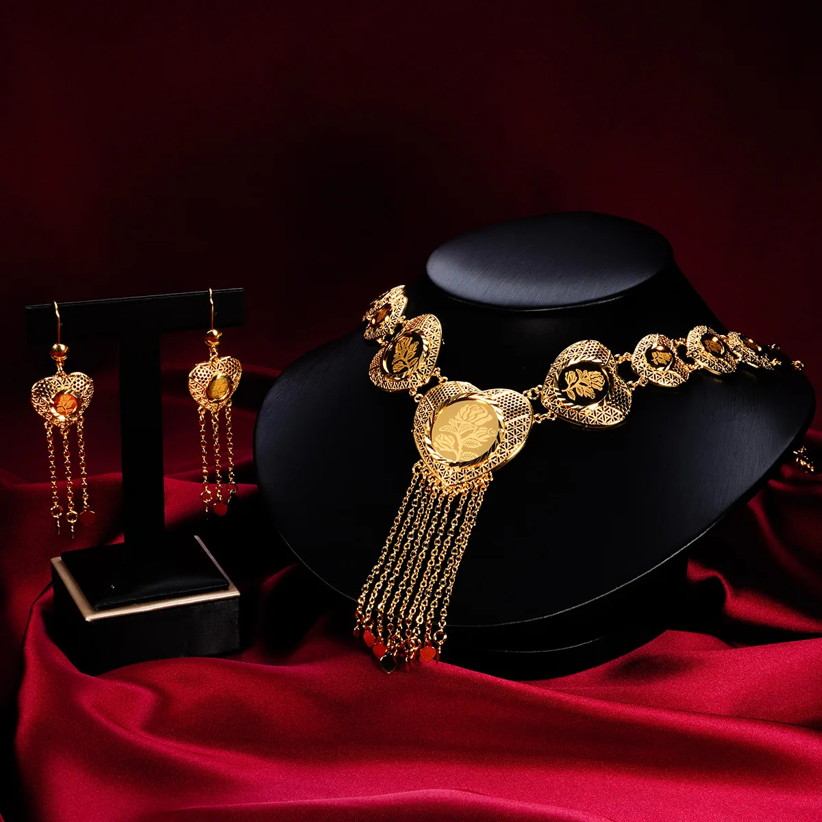 9999 gold heart-shaped necklace and earrings set - for ladies in Dubai, Indonesia and Nigeria as wedding jewelry