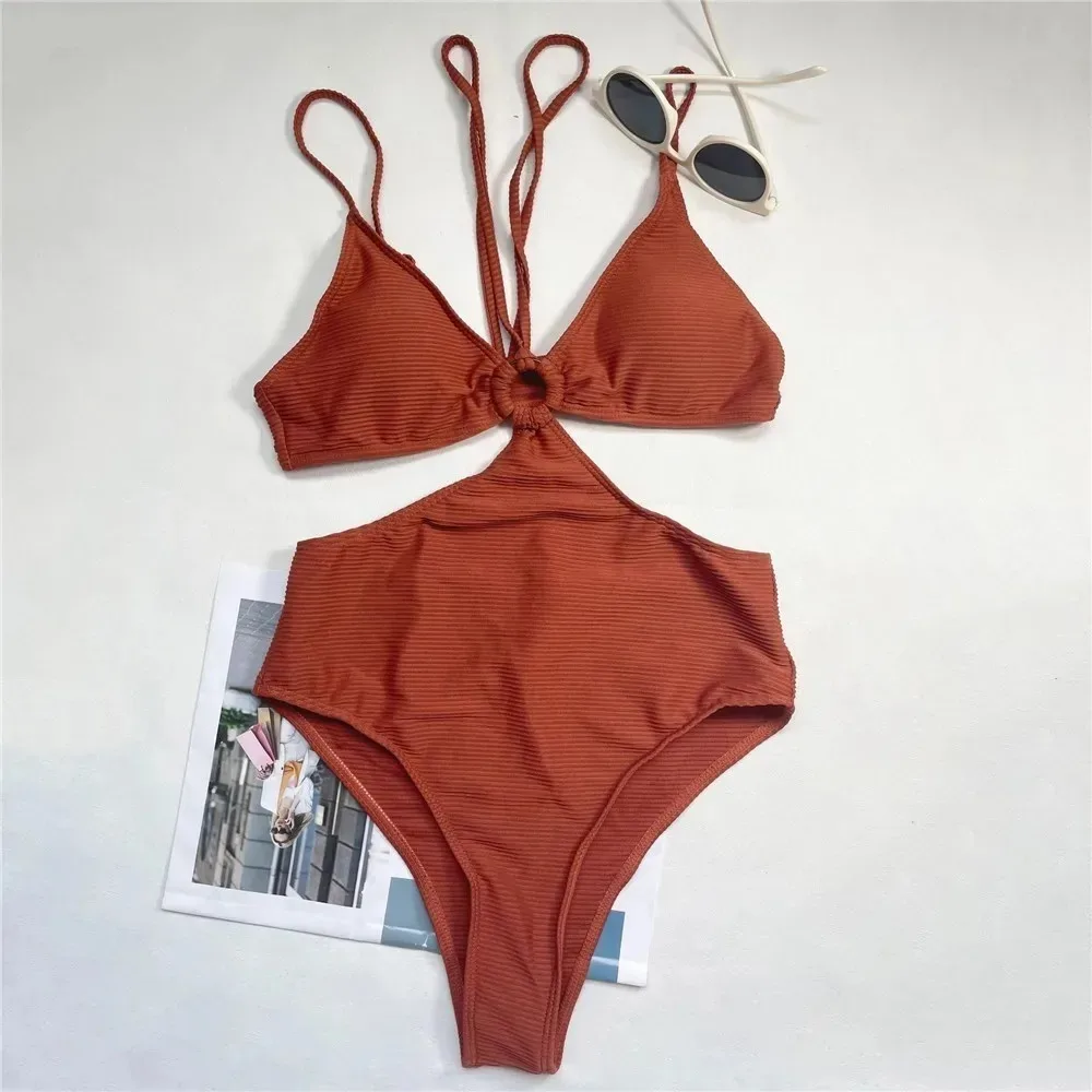 Sexy Brown Ribbed Swimwear Woman 2024 One Piece Swimsuit Cut Out Monokini String Bathing Suit Swimming Wear Summer Bather New