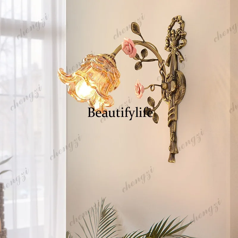 01A retro bedroom wall lamp medieval pastoral court European ceramic flower background wall wall lamp