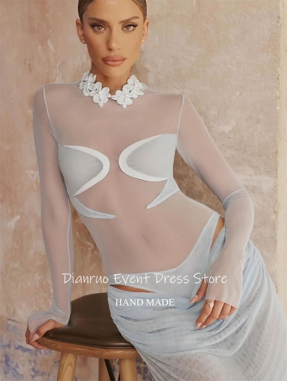 Dianruo облегающее вечернее платье с высоким воротом, шифоновое платье длиной до пола, Vestido De Fiesta, прозрачные платья для женщин, 2025 по индивидуальному заказу