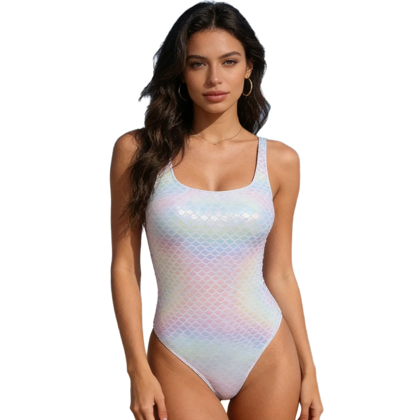 

Женский слитный купальник-боди с принтом «рыбья чешуя», без рукавов, с открытой спиной, облегающий, для пляжа