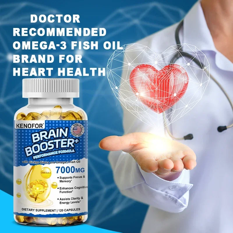 Brain Booster - with Ginkgo Biloba, Omega 3 Fish Oil DHA & EPA - for Enhanced Brain Function and Cardiovascular Health Support