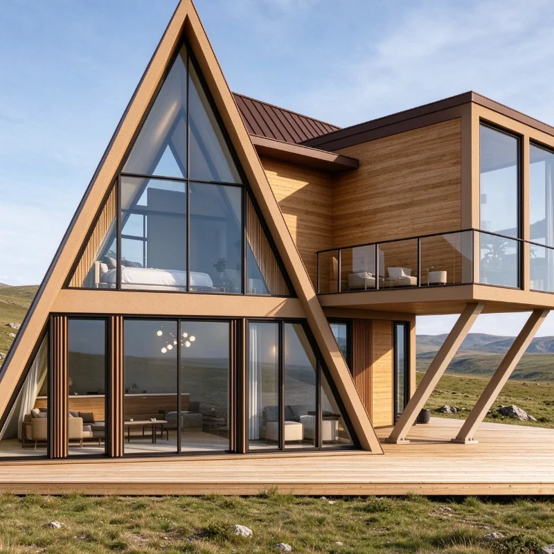 Off-Grid A-Frame Wooden Cabin — Eco-Friendly Triangle Home for Nature Retreats & Glamping Stays