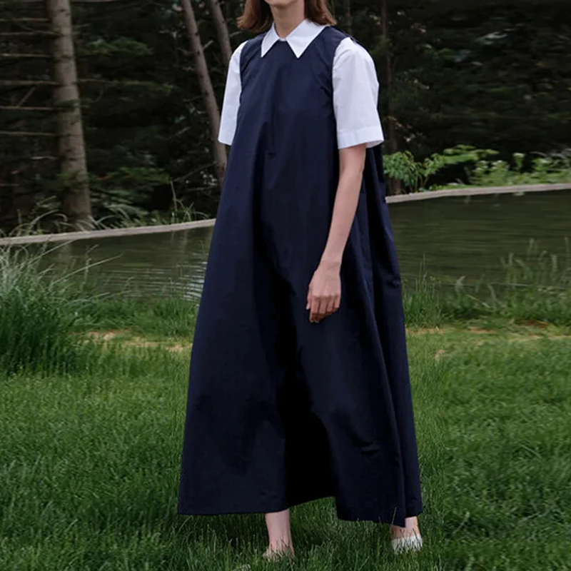 Elegante abito in lino stile francese per donna Casual senza maniche con bottoni posteriori Abito lungo scavato Harajuku Boho Sundress